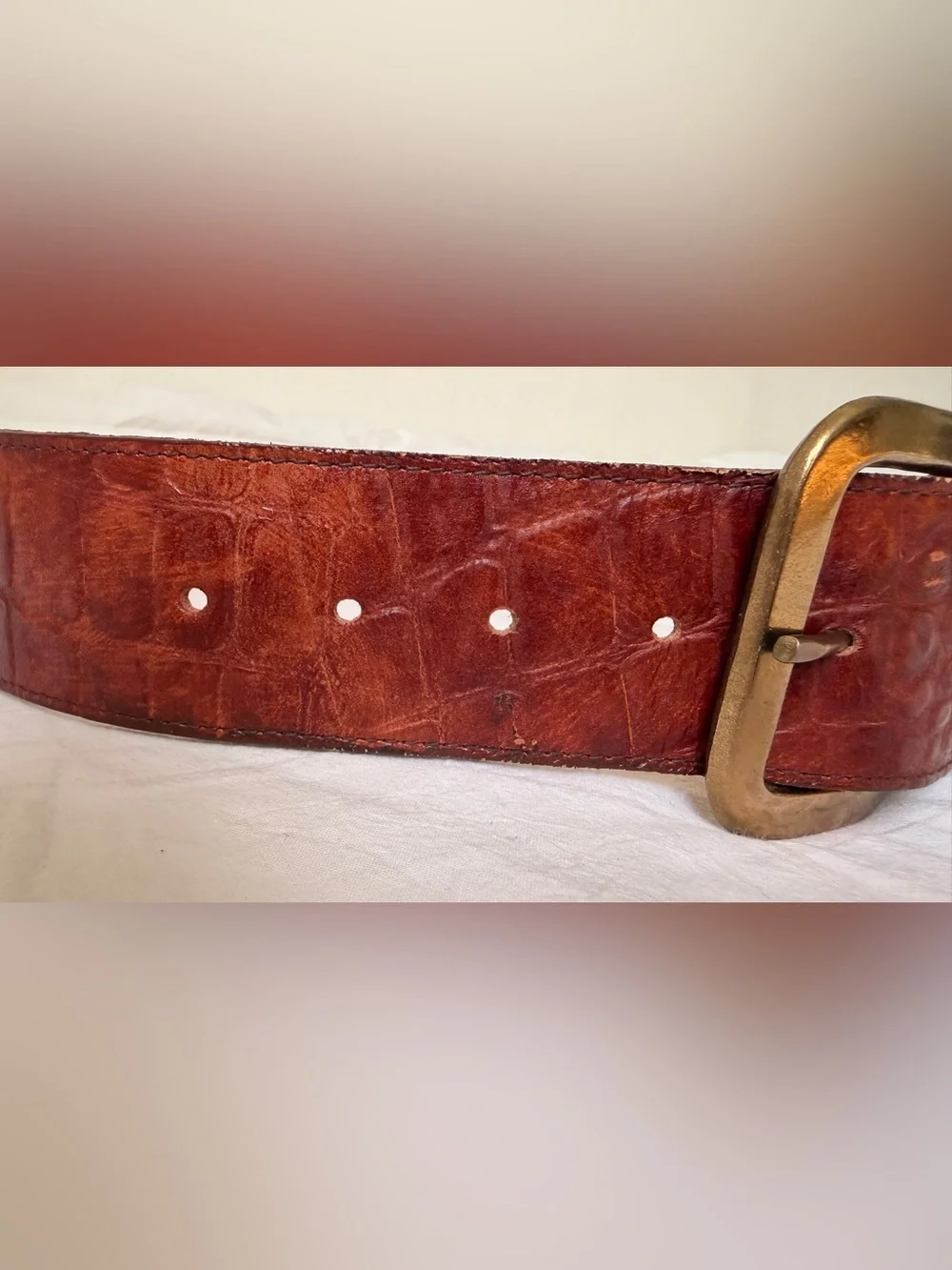 Vintage Waist Belt Brown Leather Crocodile Embossed by Omega Brass S